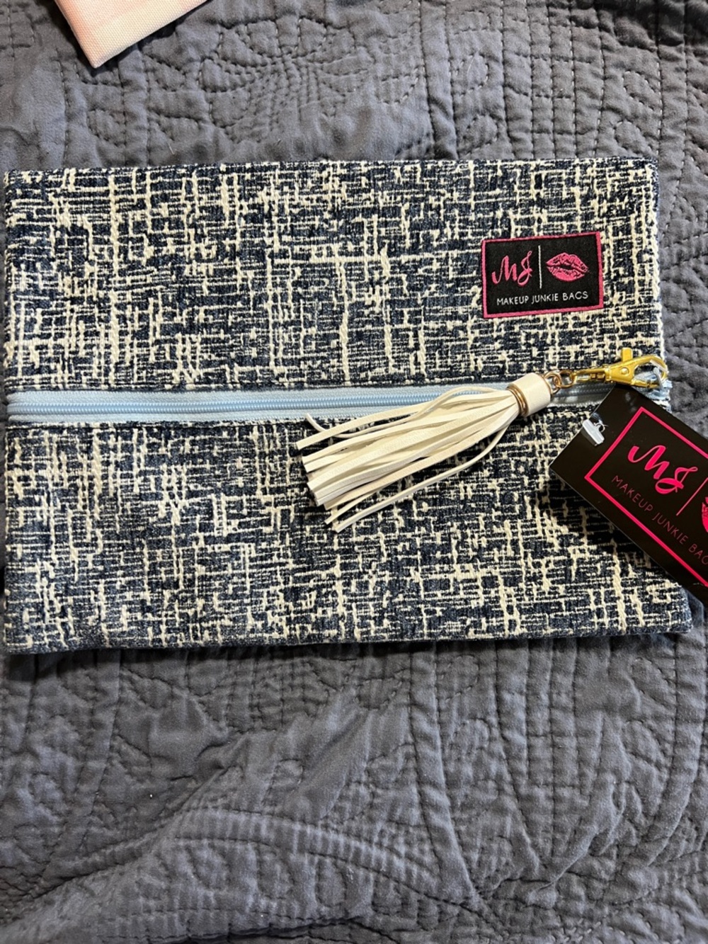 Makeup Junkie Bags Navy & White Textured Cosmetic Clutch with Tassel Accent